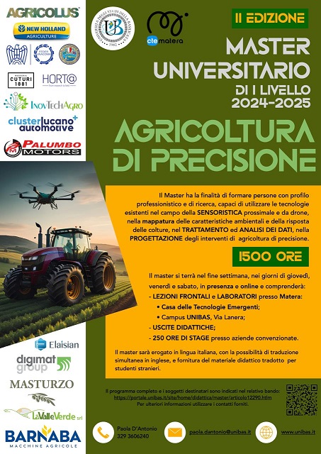 Unibas: a Matera 2^ edizione Master universitario di I livello in Agricoltura di precisione per anno accademico 2024-2025, domande entro il 2 settembre 2024